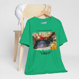 May include: A green t-shirt featuring an image of a Cozumel Splendid Toadfish in its natural habitat, with the word "ribbit" below the image. A white baseball cap rests on a wooden chair.