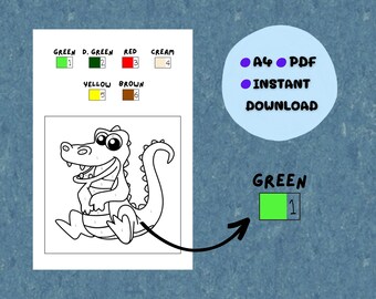 Coloring Book - Paint by Numbers - Coloring Pages for Kids - Instant Download- Printable - Crocodile Painting