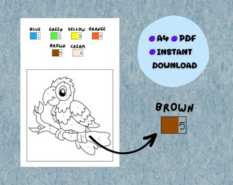 Coloring Book - Paint by Numbers - Coloring Pages for Kids - Instant Download- Printable - Parrot Painting