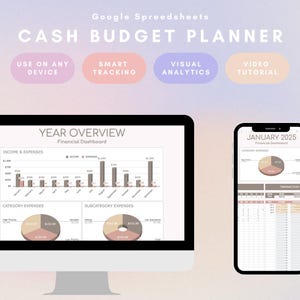Könnte beinhalten: Ein Computerbildschirm und ein Smartphone zeigen eine Google Spreadsheet-Vorlage für einen Bargeldbudgetplaner. Die Tabellenkalkulation enthält Diagramme und Grafiken zur Verfolgung von Einnahmen und Ausgaben sowie eine Kalenderansicht zur Verfolgung von Transaktionen. Die Vorlage soll Benutzern helfen, ihre Finanzen zu verwalten und ihr Budget zu planen.