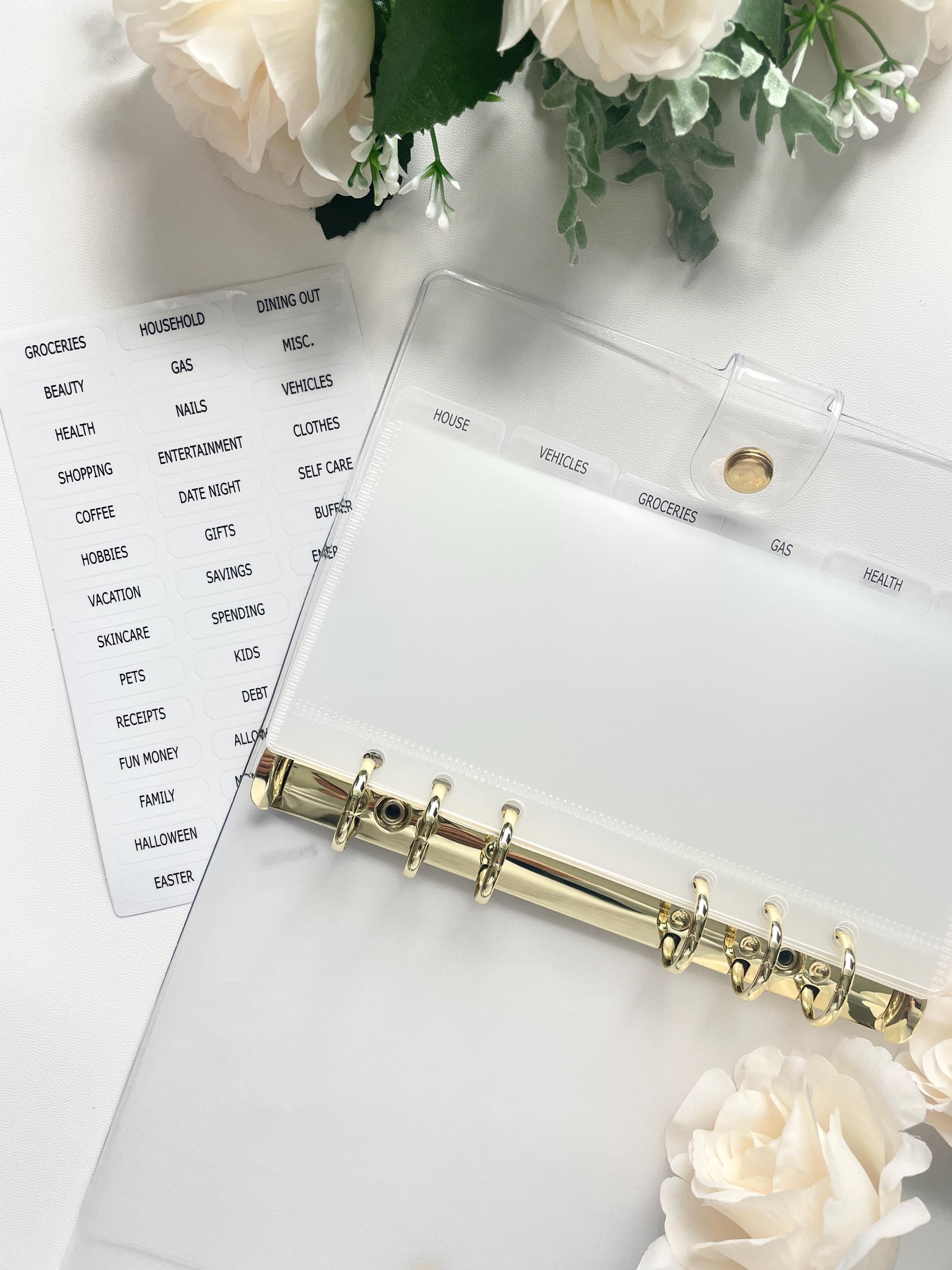 Kit di avvio per budget di cassa con linguetta / BUNDLE Raccoglitore ad anelli trasparenti in oro, set di 6 buste con linguetta e etichette adesive con linguetta trasparente /