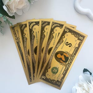 NEW Gold Placeholder Bills | Set of 3 | 100, 500, 1000, 5000, 10000, & Fully Funded Bills | Cash Stuffing Bill Exchange Prop Money
