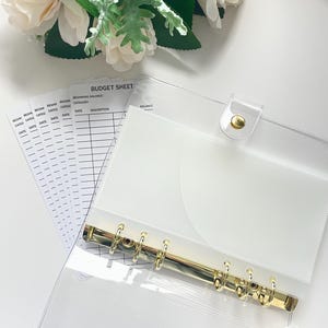 Kit de démarrage économique double poche | Reliure transparente à anneaux dorés, lot d'enveloppes à double poche et feuilles de suivi budgétaires en papier cartonné