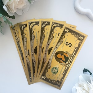 NOVAS Cédulas de Ouro | Conjunto de 7 | Cédulas de 100, 500, 1000, 5000, 10000 e Totalmente Financiadas | Cédulas de Cash Stuffing, Dinheiro de Proposta para Troca