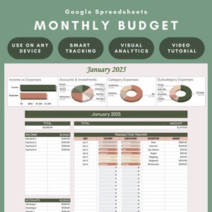 Könnte beinhalten: Eine Google Tabellenvorlage für ein monatliches Budget. Die Tabelle enthält Abschnitte für Einnahmen, Ausgaben, Konten, Investitionen und einen Transaktions-Tracker. Die Tabelle ist optisch ansprechend mit einem grün-braunen Farbschema.