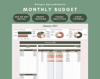 Foglio di calcolo del budget mensile, tutorial video incluso, modello di Fogli Google, entrate, conti, investimenti e monitoraggio delle spese delle transazioni