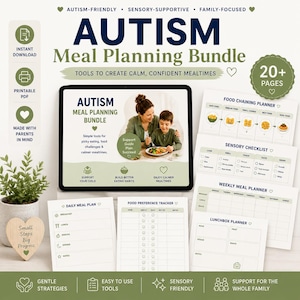 May include: An Autism Meal Planning Bundle digital product set featuring a tablet displaying a guide, multiple printable planner sheets including a food chaining planner, sensory checklist, weekly meal planner, and food preference tracker.