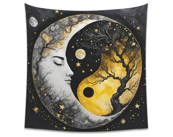 Ying-Yang Moon Printed Wall Tapestry