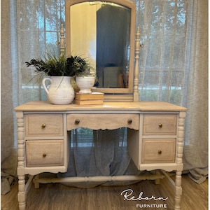 SOLD!!   Vintage solid wood vanity with mirror -Farmhouse Chic Dressing Table- Refinished Natural look.