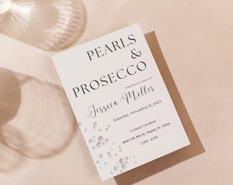 Pearls & Prosecco Bridal Shower 5x7” Template Card, Printable Bridal Invite, Editable Template