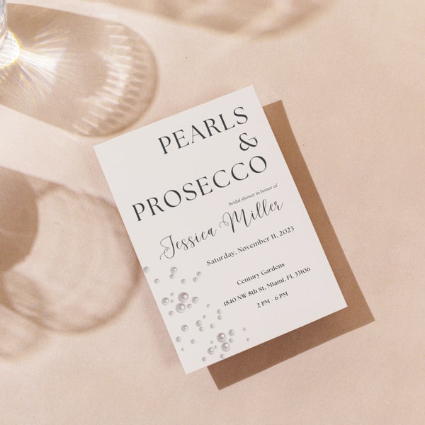 Pearls & Prosecco Bridal Shower 5x7” Template Card, Printable Bridal Invite, Editable Template