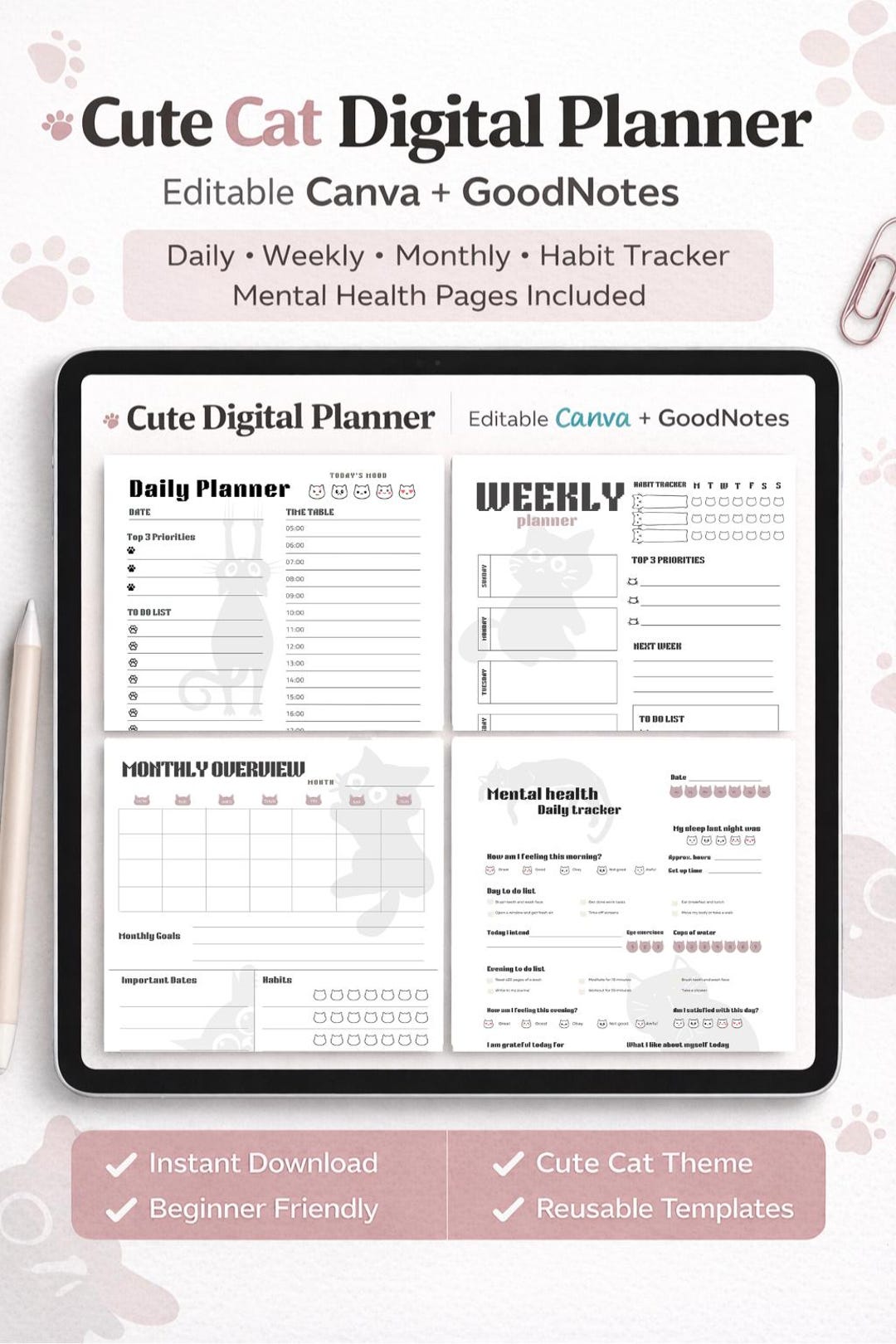 Cat Digital Planner | Goodnotes and Canva Editable Daily Weekly Monthly ...