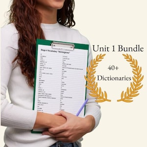 May include: A person holding a green clipboard with a vocabulary list titled "Stage 4 Vocabulary 'Hermogenes'". The text "Unit 1 Bundle" and "40+ Dictionaries" are displayed with a gold laurel wreath design.
