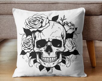 Traditional design skull with roses classic black and white look tattoo motif floral motif - cushion 40 x 40 cm