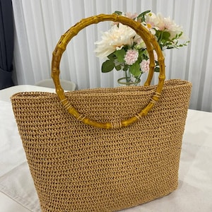 Handmade Woven Raffia Tote Bag with Bamboo Handles – Summer Beach Bag, Boho Straw Purse