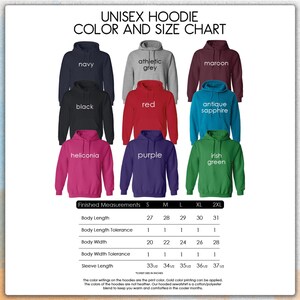 The image is a color and size chart for a unisex hoodie, displaying various color options and corresponding measurements for different sizes.