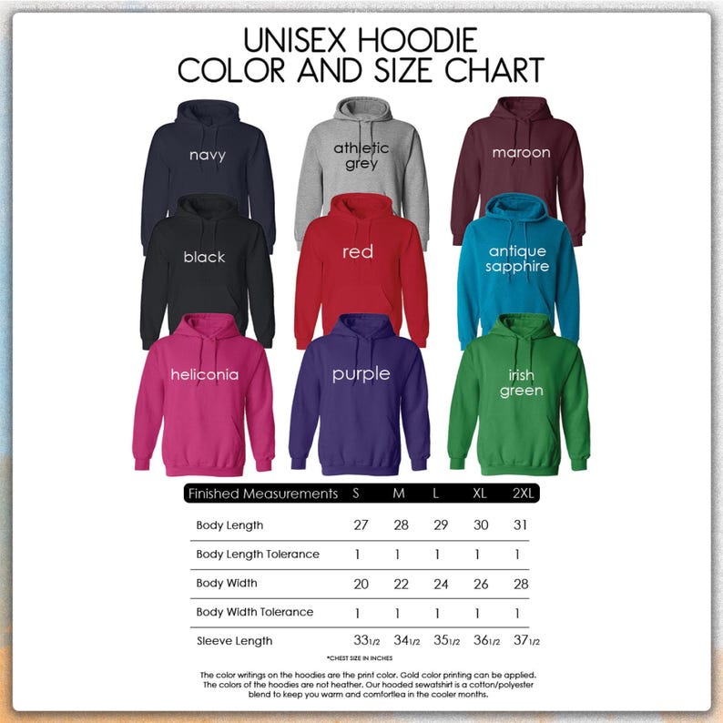 The image is a color and size chart for a unisex hoodie, displaying various color options and corresponding measurements for different sizes.