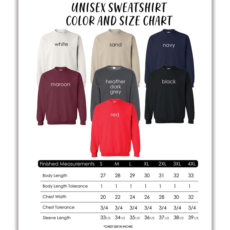 The image is a color and size chart for an unisex sweatshirt. It displays various color options and corresponding measurements for different sizes, including S, M, L, XL, 2XL, and 3XL. The chart provides a visual representation of the available sizes and corresponding measurements for the sweatshirt, allowing customers to choose their preferred size based on their body measurements.