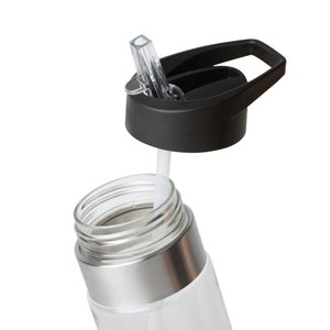 May include: A stainless steel water bottle with a clear plastic body and a black lid with a carrying handle. The lid has a clear plastic straw.