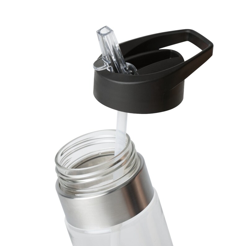 May include: A stainless steel water bottle with a clear plastic body and a black lid with a carrying handle. The lid has a clear plastic straw.