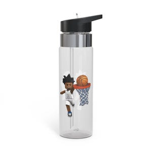 May include: A clear plastic water bottle with a black lid and a silver band. The bottle has a straw and a graphic of a basketball player dunking a basketball.