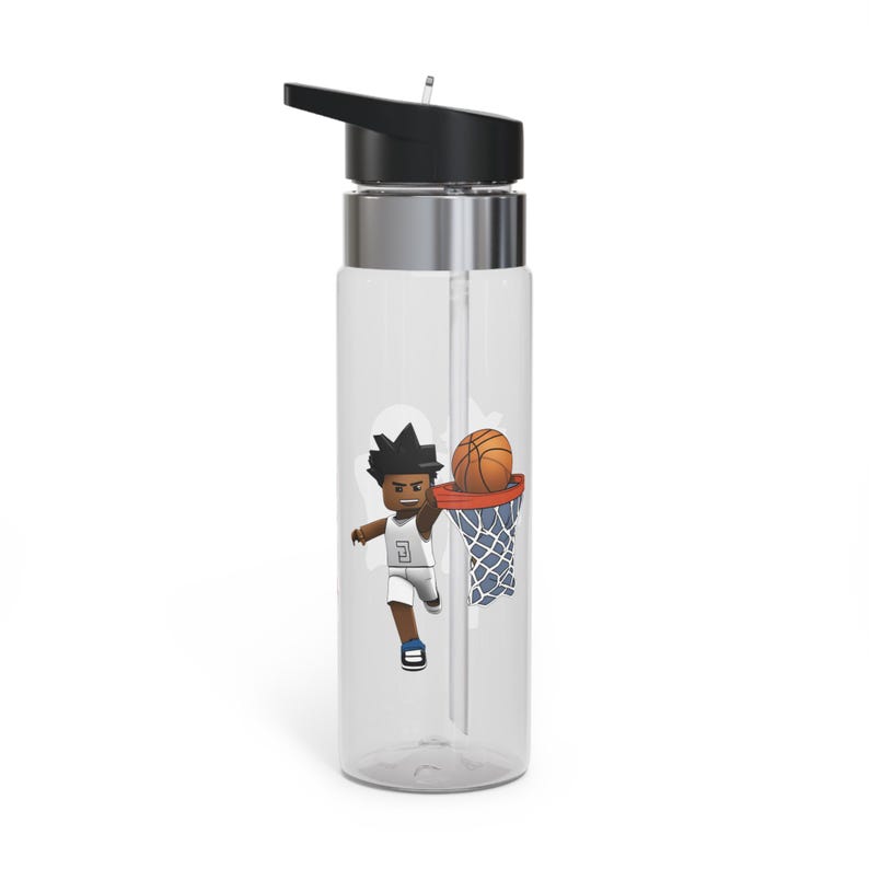 May include: A clear plastic water bottle with a black lid and a straw. The bottle has a graphic of a cartoon basketball player shooting a basketball into a hoop.