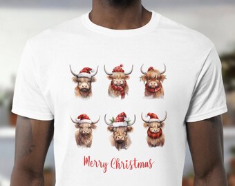 ハイランド牛のTシャツ、クリスマス牛、スコットランド牛、スコットランドハイランド、クリスマスTシャツ、楽しいクリスマスTシャツ、牛のTシャツ、かわいい牛のシャツ