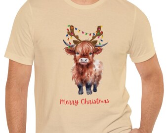 ハイランド牛のTシャツ、クリスマス牛、スコットランド牛、スコットランドハイランド、クリスマスTシャツ、楽しいクリスマスTシャツ、牛のTシャツ、かわいい牛のシャツ