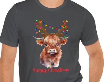 ハイランド牛のTシャツ、クリスマス牛、スコットランド牛、スコットランドハイランド、クリスマスTシャツ、楽しいクリスマスTシャツ、牛のTシャツ、かわいい牛のシャツ