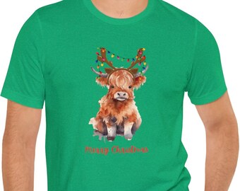 ハイランド牛のTシャツ、クリスマス牛、スコットランド牛、スコットランドハイランド、クリスマスTシャツ、楽しいクリスマスTシャツ、牛のTシャツ、かわいい牛のシャツ