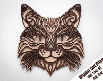 Cat laser cut file, Multilayer Svg, Dxf, 3D layered mandala, Wall Art