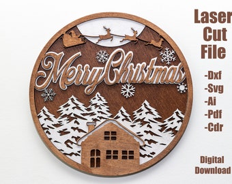 Christmas door hanger svg, multilayer laser cut file, Merry Christmas door sign svg, dxf