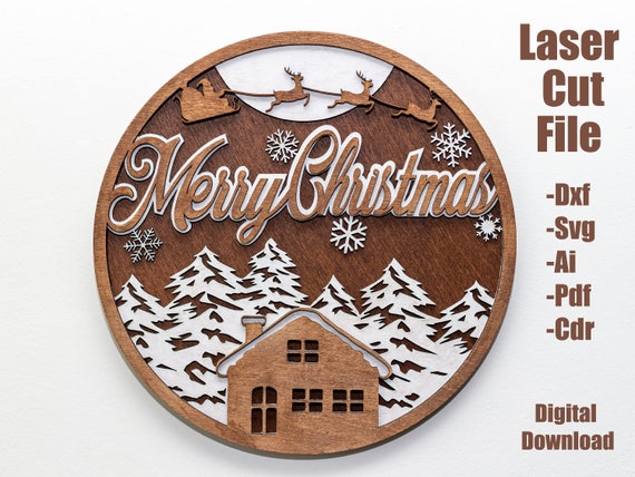 Christmas door hanger svg, multilayer laser cut file, Merry Christmas door sign svg, dxf