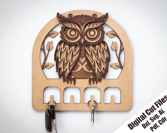 Owl Key Hanger laser cut file, Layered wall key holder, SVG, DXF