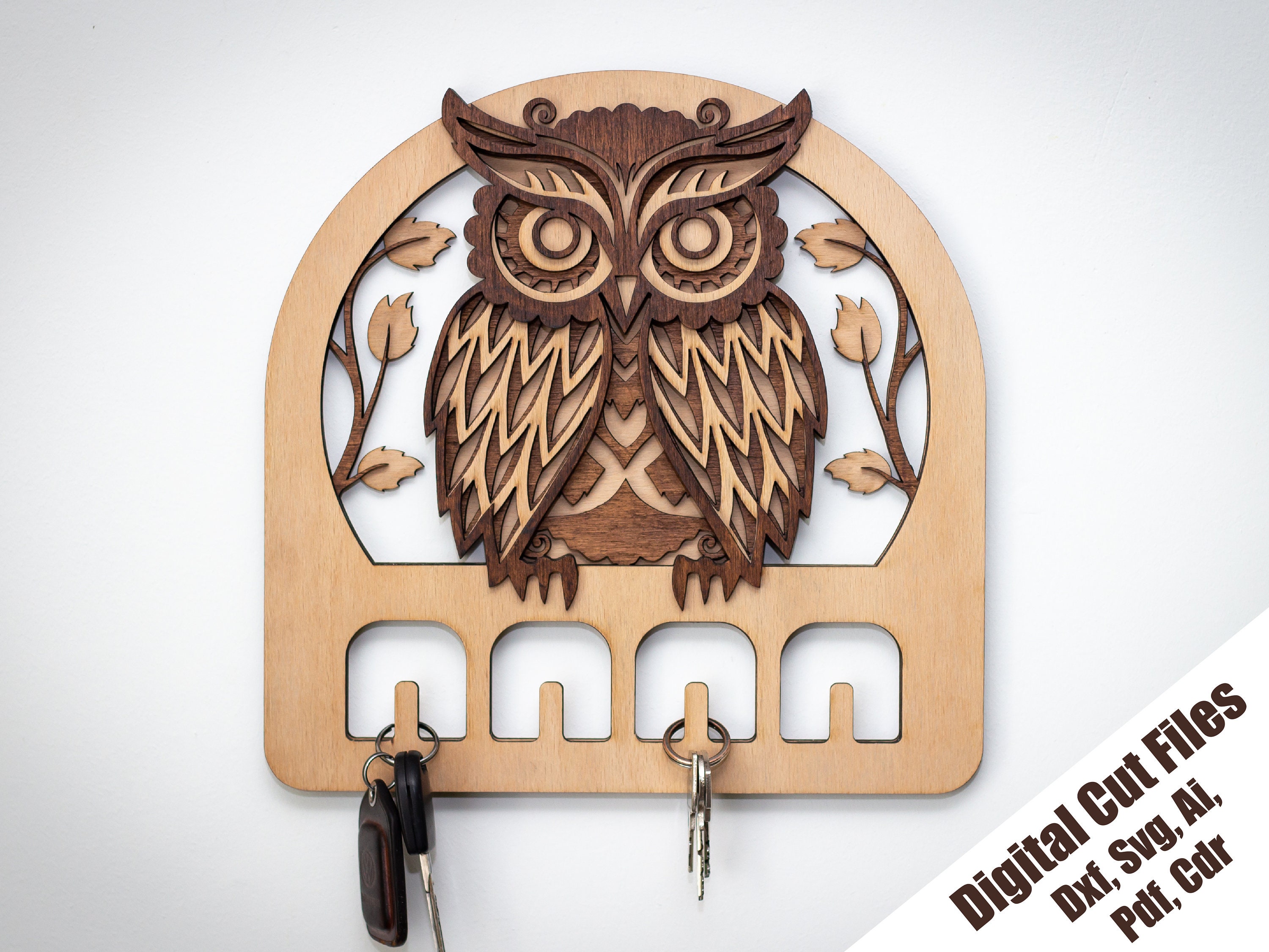 Owl Key Hanger laser cut file, Layered wall key holder, SVG, DXF