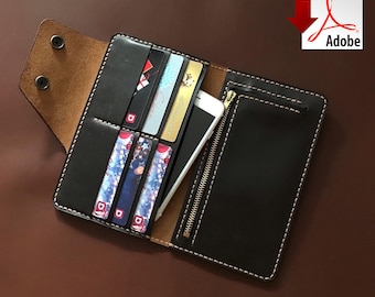 May include: A black leather wallet with a zippered pocket and multiple card slots. The wallet is open and contains several credit cards and a smartphone.