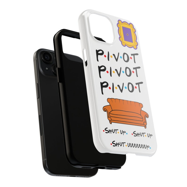 May include: White iPhone case with a colorful graphic of a couch and the word "PIVOT" repeated three times. The graphic also includes a yellow frame with a purple door and the text "SHUT UP" repeated three times.
