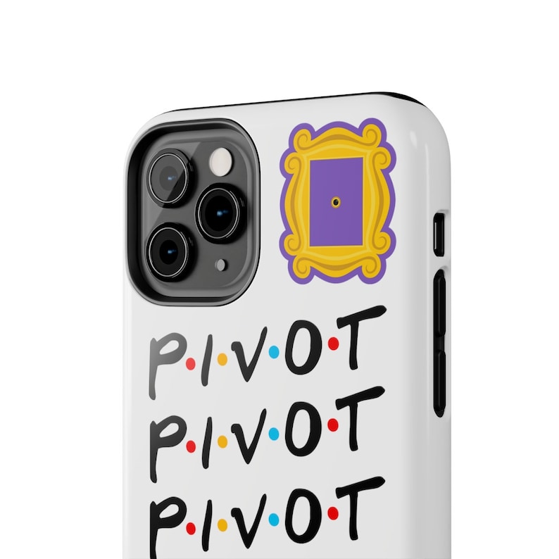 May include: White iPhone case with a purple door in a yellow frame and the words "PIVOT" repeated three times in black with colorful dots.