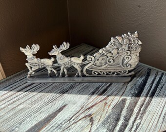 Vintage Christmas Pewter Santa in Sleigh with Reindeer Figurine