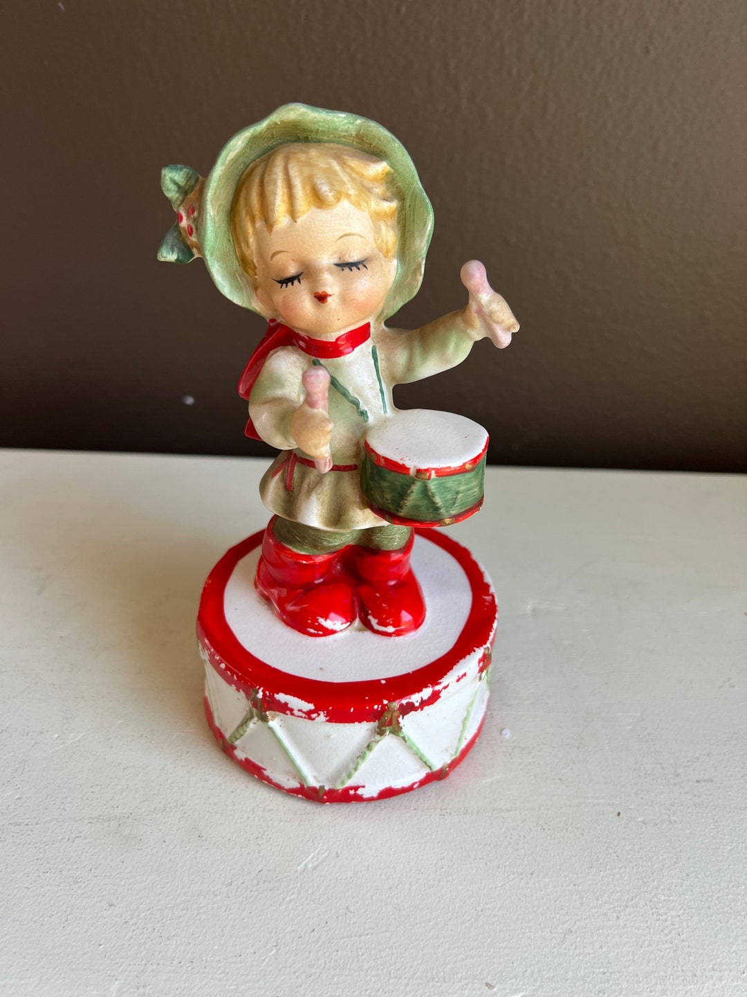 Vintage 1960s Lefton 7660 Porcelain Drummer Boy Christmas Music Box