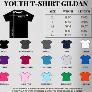 May include: A Gildan youth t-shirt size chart featuring a black t-shirt silhouette with width and length arrows. A table lists sizes XS to XL with measurements in cm. Fifteen colour swatches are displayed with labels: black, dark heather, charcoal, navy, white, purple, cardinal red, sapphire, sport grey, royal, heliconia, light pink, light blue, irish green, and orange.