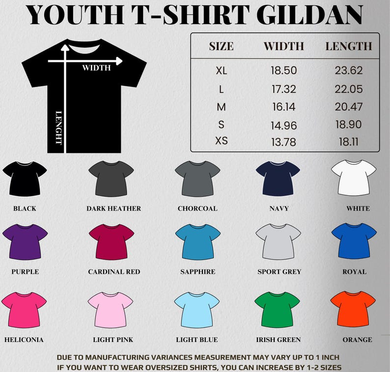 May include: A Gildan youth t-shirt size chart featuring a black t-shirt silhouette with width and length arrows. A table lists sizes XS to XL with measurements in cm. Fifteen colour swatches are displayed with labels: black, dark heather, charcoal, navy, white, purple, cardinal red, sapphire, sport grey, royal, heliconia, light pink, light blue, irish green, and orange.