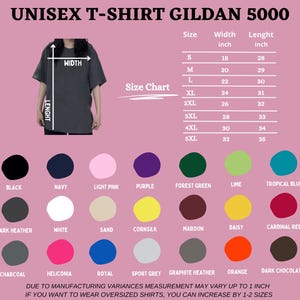 May include: A Gildan 5000 unisex t-shirt size chart on a pink background. It includes a diagram showing width and length measurements, a table listing sizes S through 5XL with imperial measurements in inches, and a colour palette of 21 options.