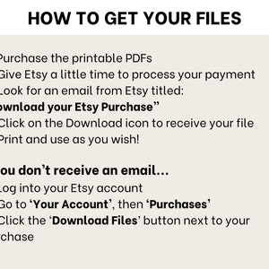 Pode incluir: Um fundo branco com texto preto que explica como baixar arquivos digitais comprados no Etsy. O texto inclui instru&ccedil;&otilde;es sobre como baixar arquivos ap&oacute;s a compra e o que fazer se voc&ecirc; n&atilde;o receber um e-mail com o link para download.