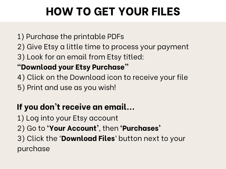Pode incluir: Um fundo branco com texto preto que explica como baixar arquivos digitais comprados no Etsy. O texto inclui instru&ccedil;&otilde;es sobre como baixar arquivos ap&oacute;s a compra e o que fazer se voc&ecirc; n&atilde;o receber um e-mail com o link para download.