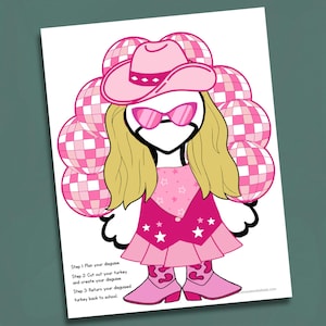 May include: A printable craft activity featuring a pink and white turkey costume with a pink cowboy hat, sunglasses, and a pink and white checkered skirt. The instructions are: "Step 1 Plan your disguise. Step 2 Cut out your turkey and create your disguise. Step 3 Return your disguised turkey back to school."