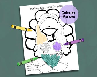 Coloring Mermaid Turkey in Disguise Kit: Kids Craft Project (Digital Download)