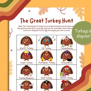 Printable Turkey Hunt Game | Turkey in Disguise Edition | Thanksgiving Scavenger Hunt for Kids
