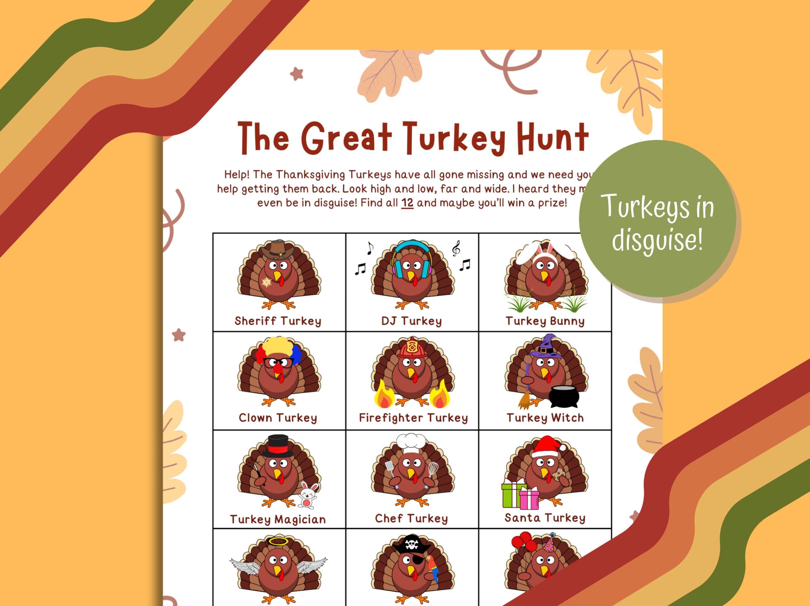 printable thanksgiving turkey hunt game: turkeys in disguise (pdf