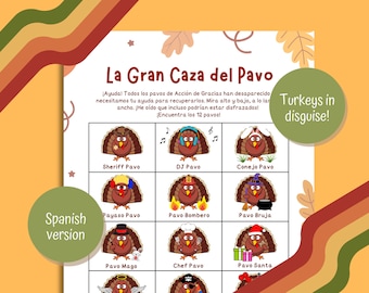 Spanish Turkey Hunt Game: Thanksgiving Scavenger Hunt for Kids (PDF)